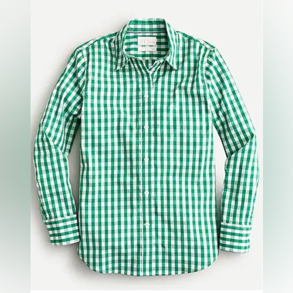 J. Crew Green Gingham Stretch Cotton Poplin Shirt